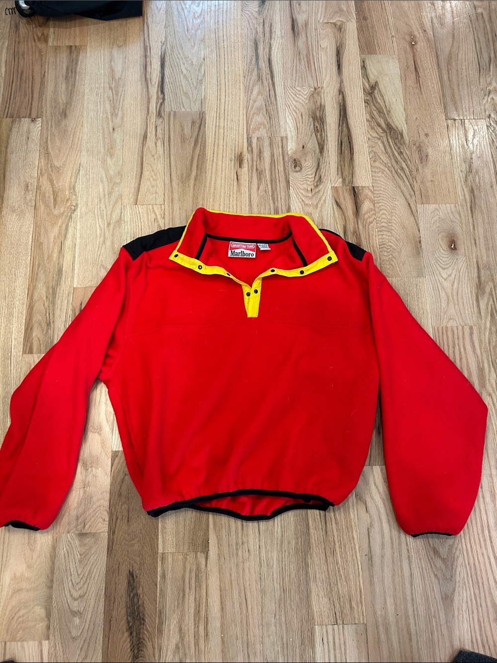 Vintage Marlboro Red Fleece Jacket with Yellow Trim and Black Accent